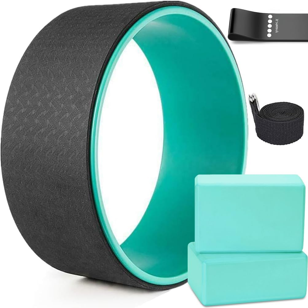 5-In-1 Yoga Wheel and Yoga Blocks Strap Set - 1 Yoga Wheel, 2 Eva Foam Yoga Blocks, 1 Yoga Strap, 1 Yoga Resistance Bands for Dharma Yoga Pose Backbend Flexibility Stretching Pilates Meditation image number 3