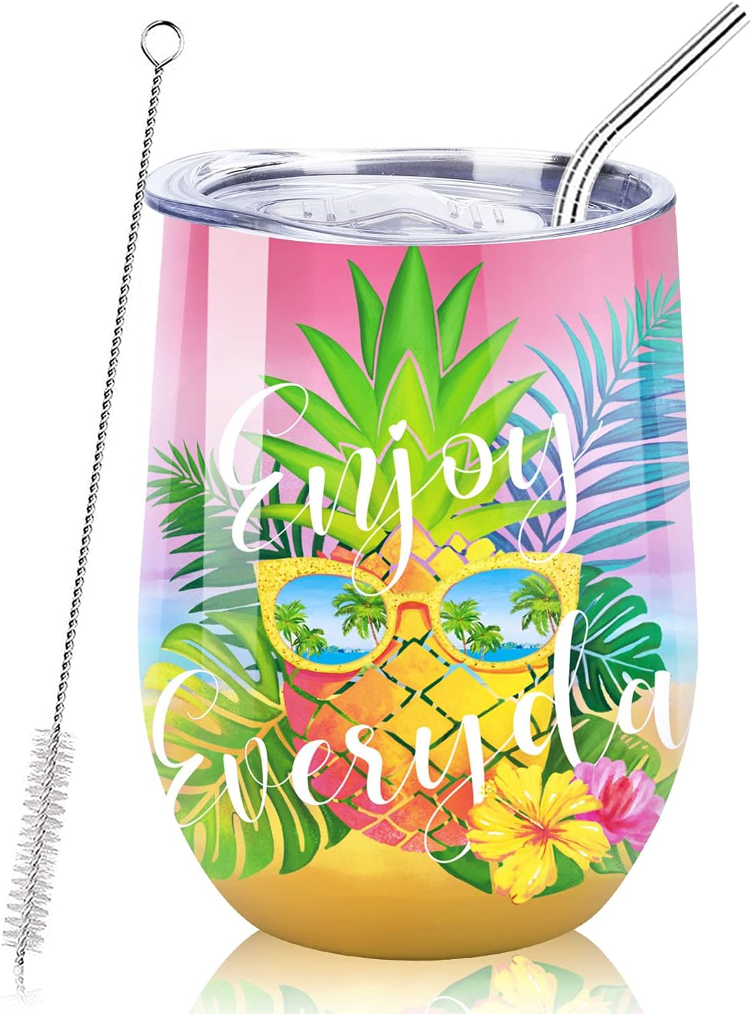 Nymphfable 12Oz Stainless Steel Wine Tumbler with Straw and Lid Dragonflies Insulated Wine Glass Double Wall