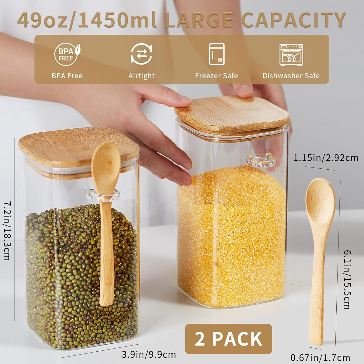 Unbreakable Glass Jars with Airtight Lids and Spoons, 2Pcs Overnight Oats Containers with Lids and Spoons, Glass Food Storage Containers for Coffee Beans, Flour, Sugar, Cookie, Pasta image number 4