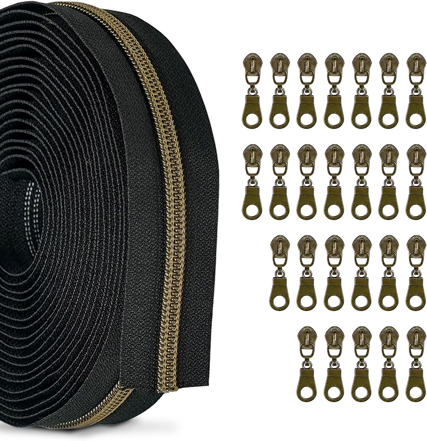Zynzaoacs #5 Zipper by the Yard with Pulls, Continuous Black Tape (10Yds) and Rust-Proof Gold Metal Pulls (25Pcs), Bulk Zippers for Sewing Bags and Purses, Cuttable Nylon Zipper Roll