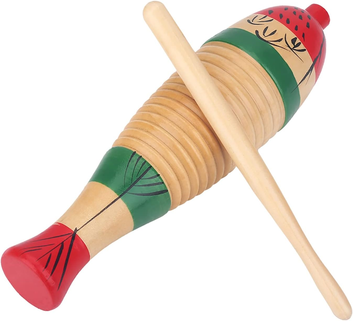 Guiro, 8.3 Inch Fish Shaped Latin Percussion Musical Instrument, Wooden Colorful Guiro Instrument, Frog Instrument for Beginners and Professional Band Accompaniment with Sticks image number 2