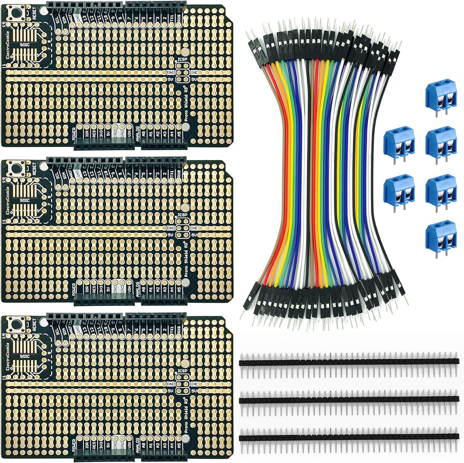 Electrocookie Proto Shield Kit Compatible with Arduino Uno, Stackable DIY Expansion Prototype PCB (3 Pack) image number 4