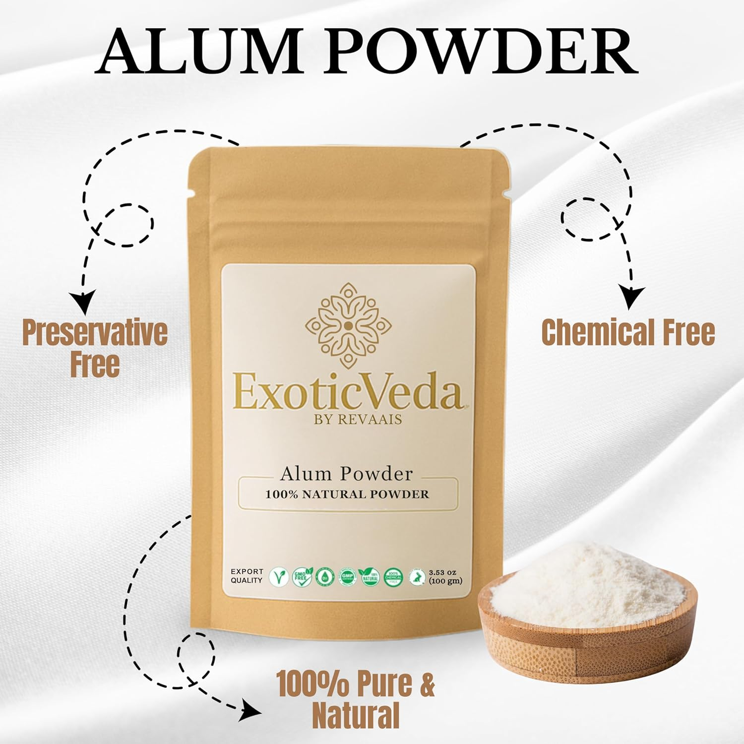 Exotic Veda Alum Powder 100G (3.53 Oz) Pure Potassium Aluminium Powder Alum Granules Natural Deodorant & Water Purifier Phitkari for Canker Sores Purified Granulated Form image number 1
