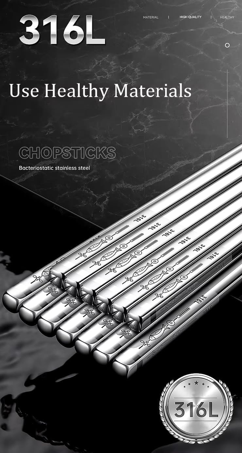 PUKU Lumina&trade;-Elite 18/10 Silver Stainless Steel Chopsticks Set (5 Pairs) &ndash; Reusable 316L Metal Chopsticks, Engraved Non-Slip Tips, Square Anti-Roll Design, Rust-Resistant, Dishwasher Safe, Gift-Boxed image number 6