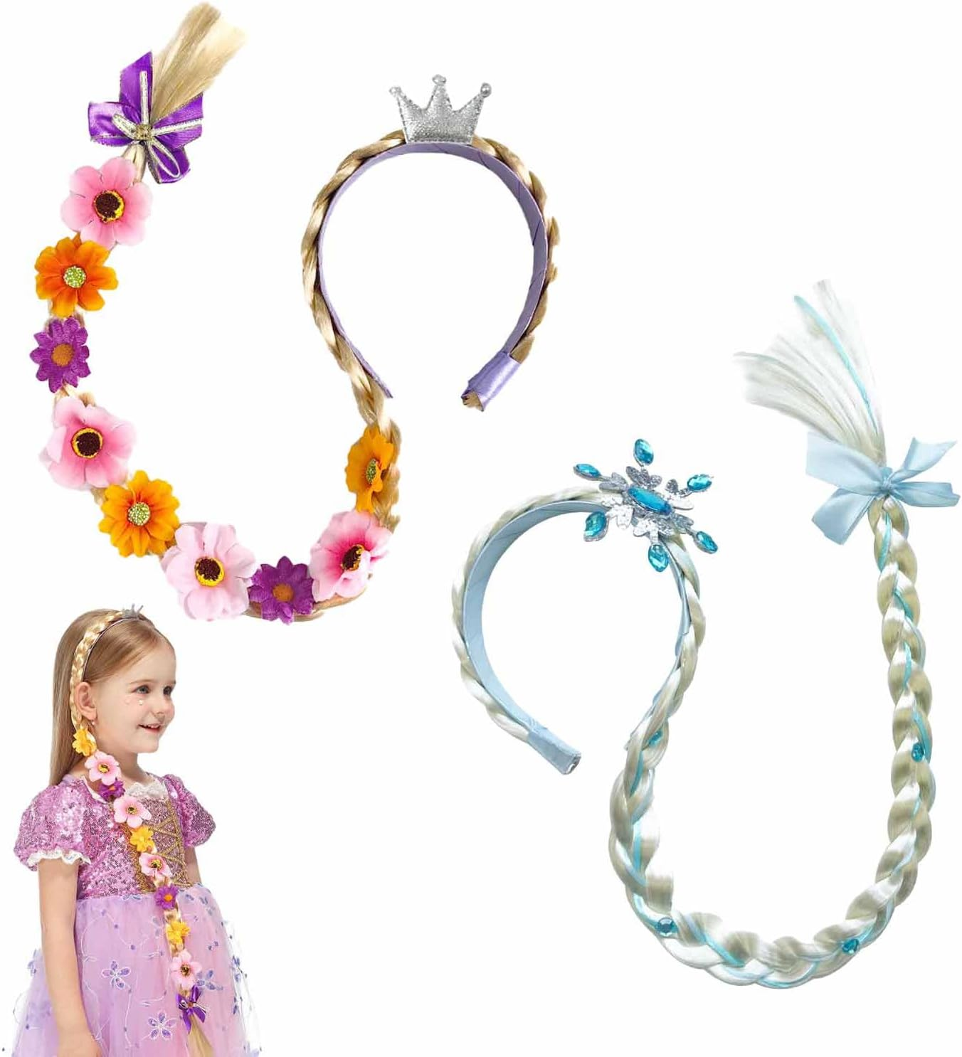 Roczential 2Pcs Princess Braids Headband, Girls Long Braided Wig Headbands, Frozen Princess Head Bands for Girls Cosplay Birthday Party Hairpiece Costume Decor Accessories image number 2