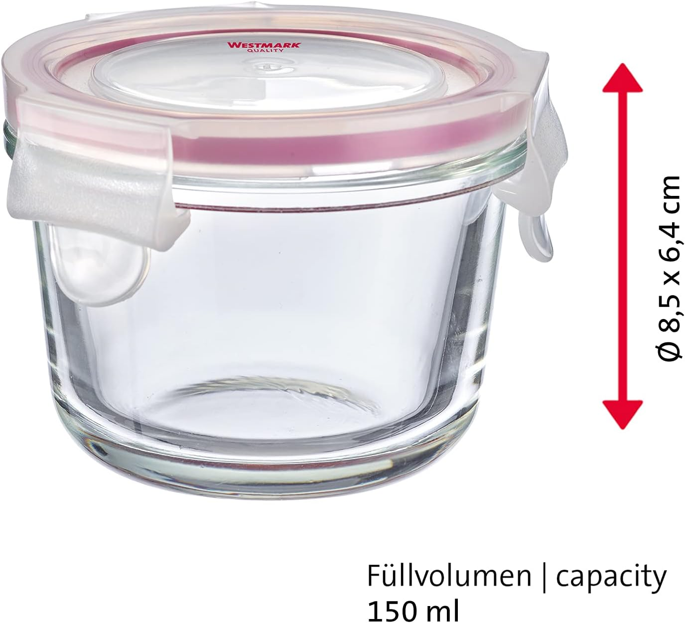 Westmark Set of 2 Glass Food Storage Containers with Clip Lid, Round, Capacity: 150 Ml, Freezer, Microwave and Oven Safe, Glass/Silicone/Plastic, Transparent/Red, 233122E3 image number 6
