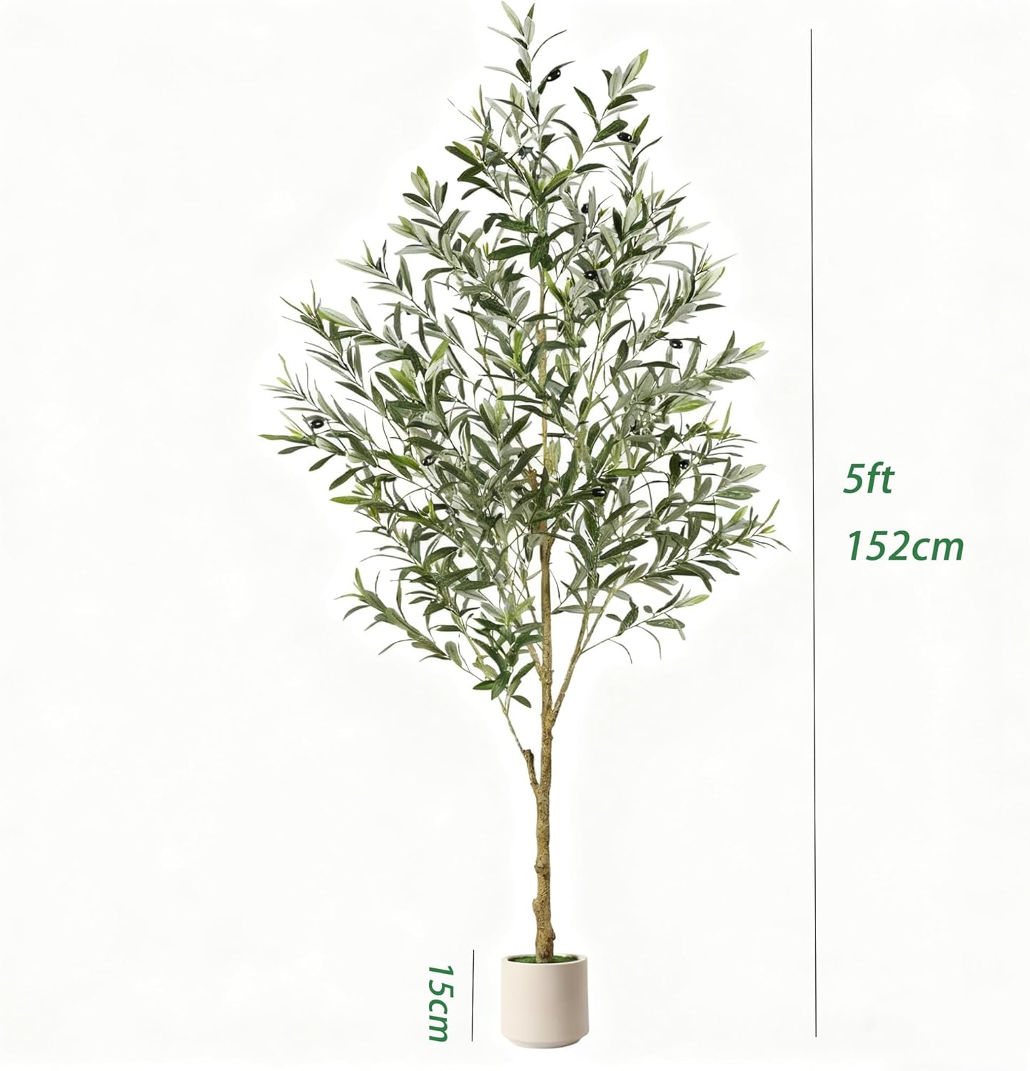 BESTONE Artificial Olive Tree Lifelike Artificial Plant with Natural Wood Trunk & Faux Fruits, Elegant White Pot, Modern Floor Decor for Indoor/Outdoor Home Office Living Room (152Cm/5Ft) image number 2