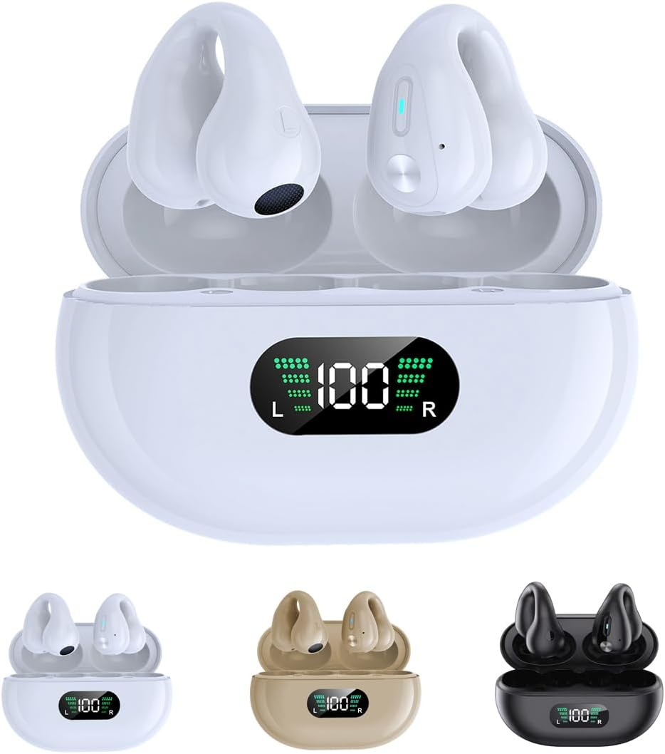 Wireless Ear Clip Bone Conduction Earbuds Open Ear Headphones Bluetooth 5.3, Mini Clip on Sport Earphone Painless Wireless Bluetooth Headset for Running Driving Workout, LED Battery Display Black