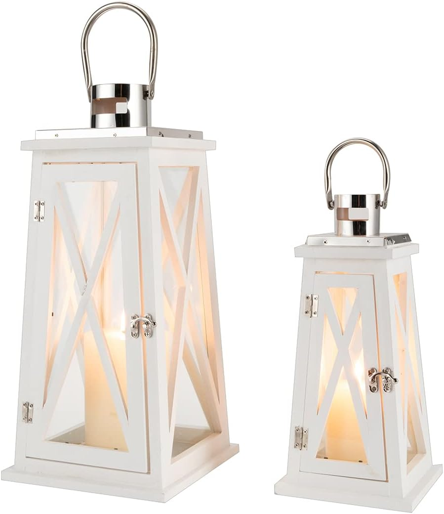 TRIROCKS Set of 2 Farmhouse Wooden Lantern 56&40 Cm Tall Metal Decorative Candle Holders with Tempered Glass Rustic Hanging Lantern for Patio Garden Wedding Parties Indoor Outdoor(White) image number 3
