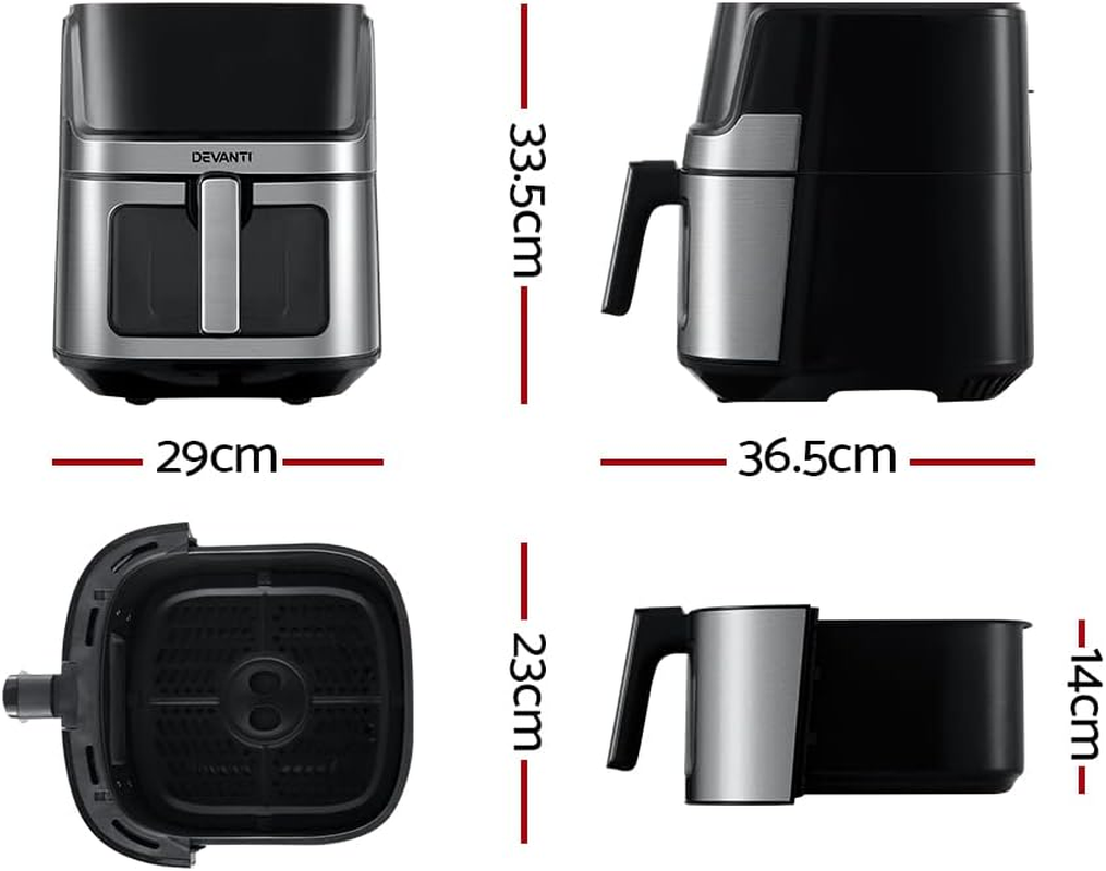 Devanti Air Fryer, 6.5L 1700W Stainless Steel Airfryer Electric Cooker Deep Fryers Rack Silicone Baking Basket Kitchen Oven Household Small Kitchens Appliances, LCD Touch Control Panel image number 5