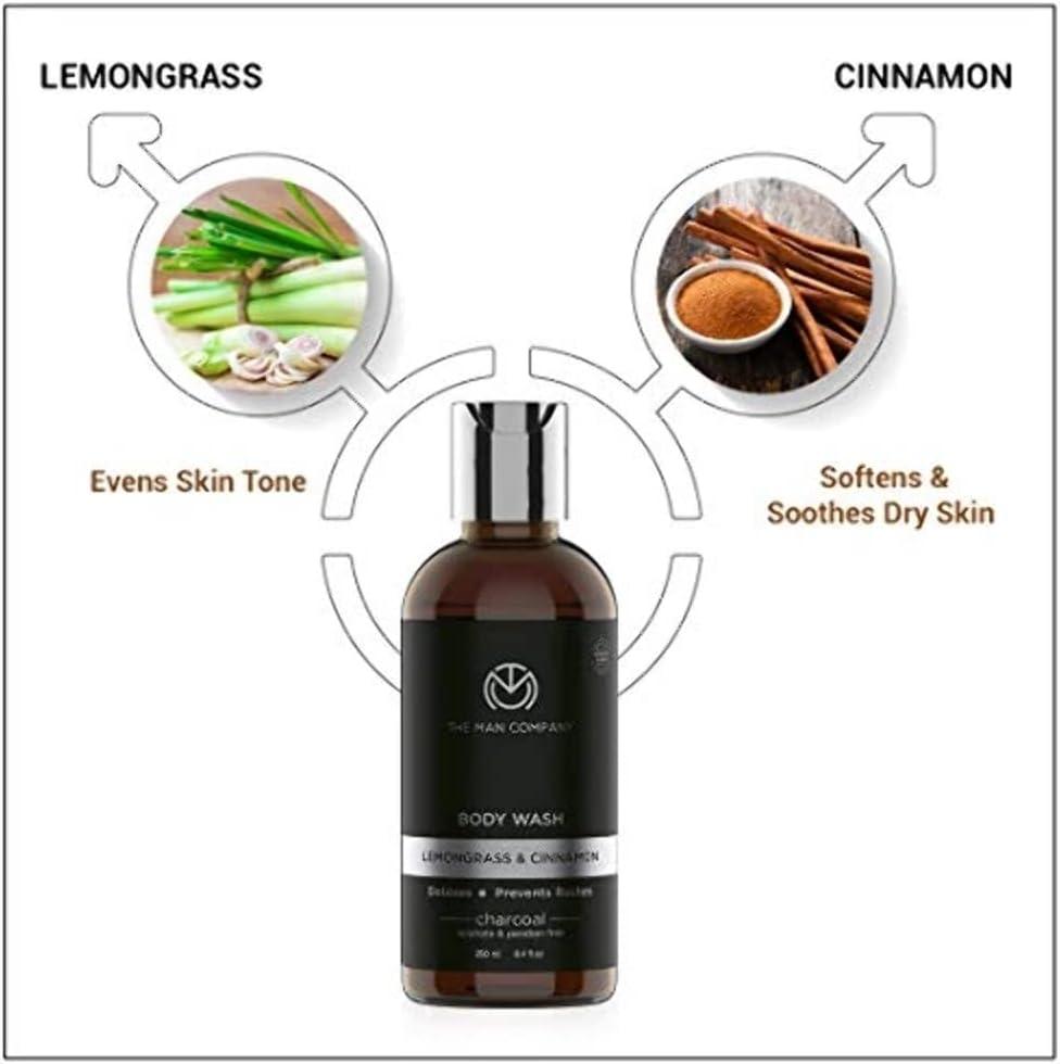 The Man Company Mens Body Wash, Charcoal Body Wash for Acne (8.4 Oz) - Exfoliating Body Wash with Lemongrass & Cinnamon, Shower Gel for Men Sulfate Free Body Wash, Paraben Free Body Wash image number 1