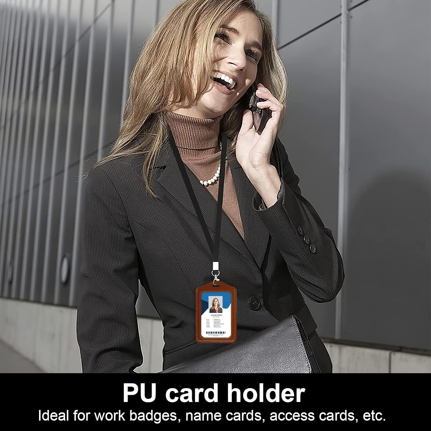 Badge Holder, 4 Pcs Leather ID Card Holder, Clear ID Window Card Holder for School Office (Black, Brown)