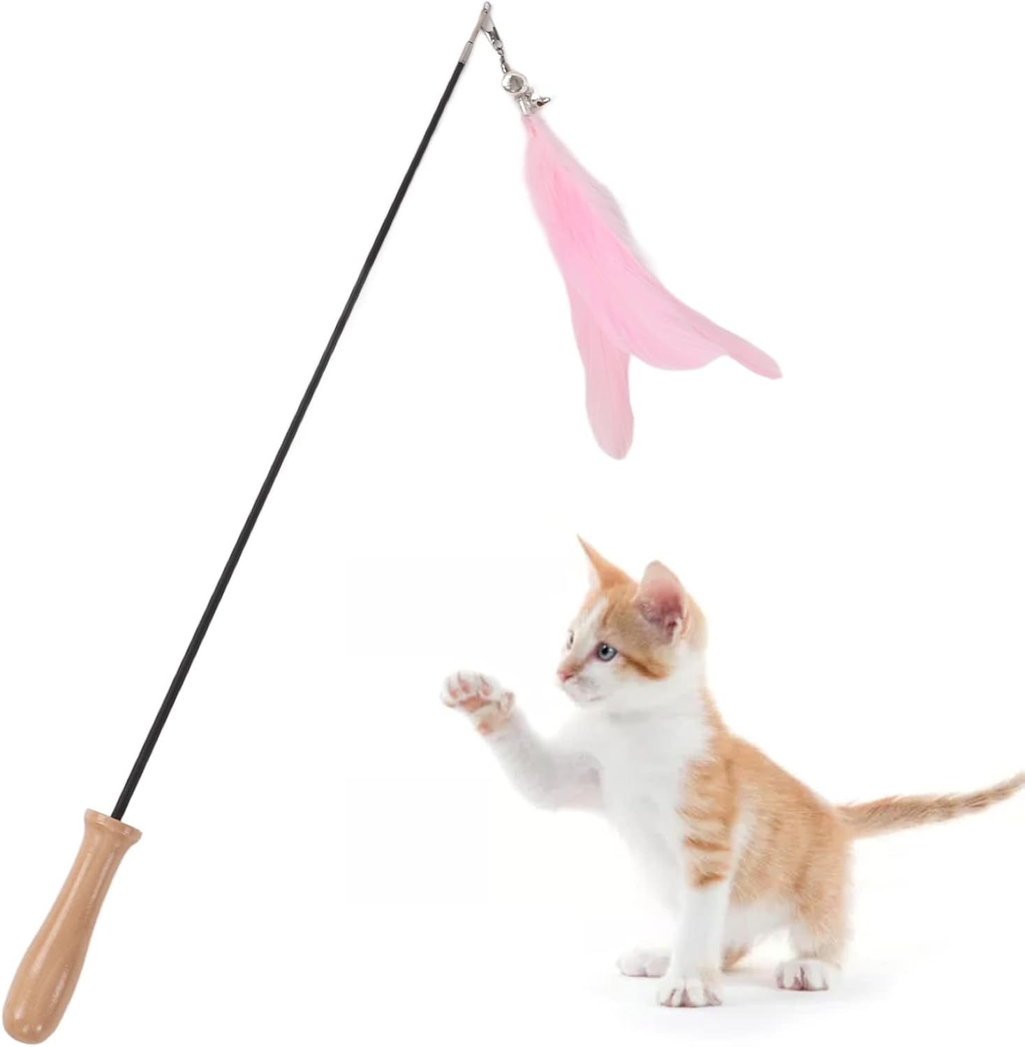 Cat Stick Toy, Retractable Cat Stick with Wooden Pole, Funny Cat Stick with Feather Bell, Flexible Carbon Fiber Rod Cat Feather Toys Interactive Cat Toys for Indoor Cats (Pink)