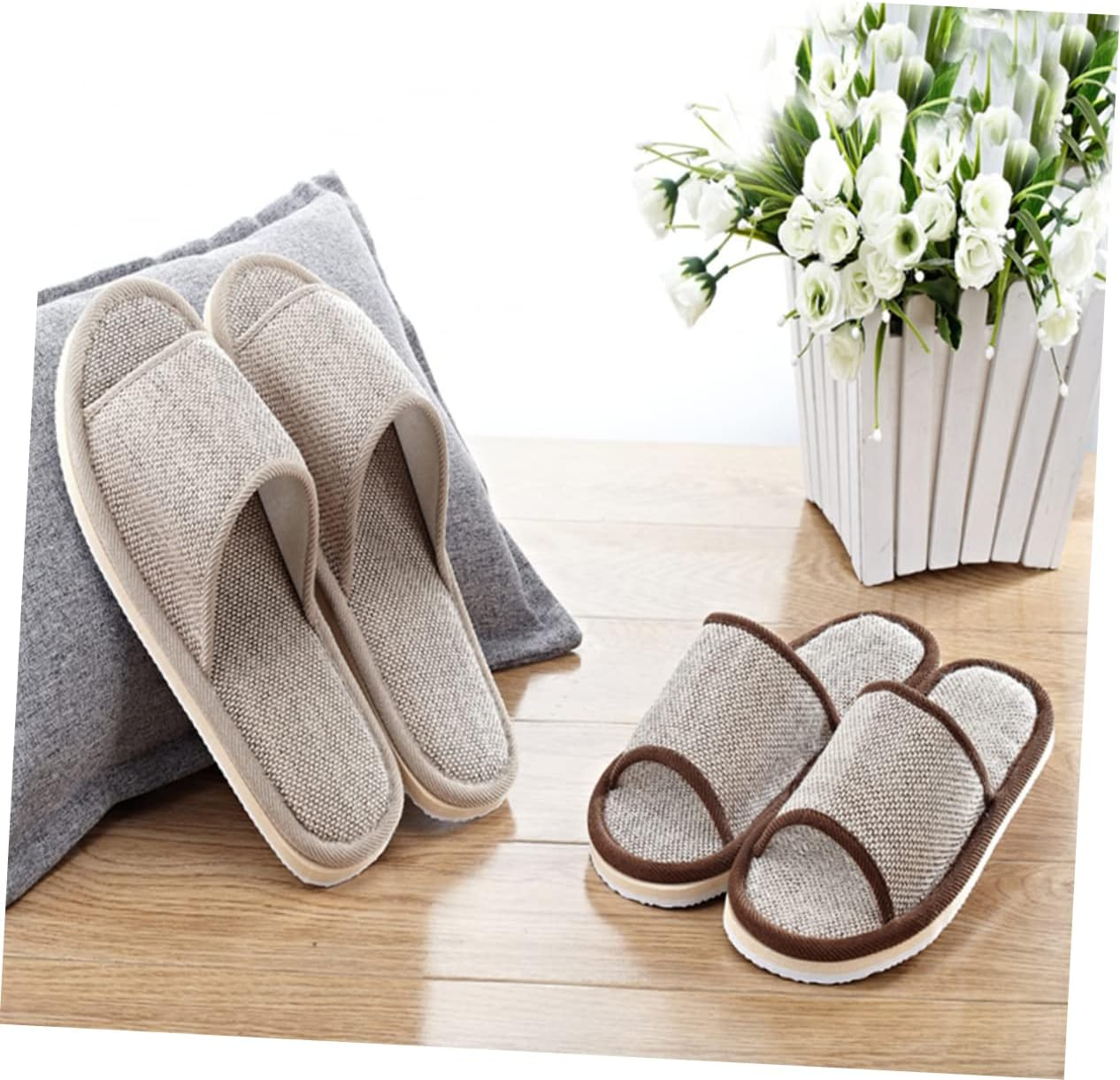 IWOWHERO 2 Pairs of 26Cm Anti-Slip Eva Open-Toe Slippers for Summer Beige Linen Slippers for Home and Hotel Suitable for Men and Women image number 3