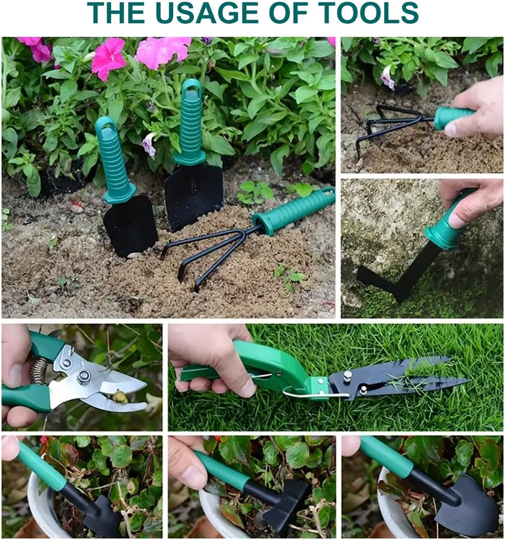 Springup 10 Pieces Garden Tools Set,Heavy Duty Gardening Tools,Gardening Tools with Carrying Case,Ergonomic Hand Tools, Pruner,Rake,Shovel, Trowel, Sprayer, Gifts for Men,Women(Green) image number 3