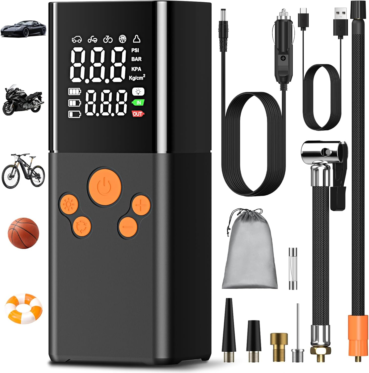 Tyre Inflator Portable Air Compressor Car Tyre Pump,10000Mah Dual Power Supply 150PSI Tyre Inflator Cordless Digital Dual Values Display Tyre Pump for Car Motorcycle Bike Ball image number 5