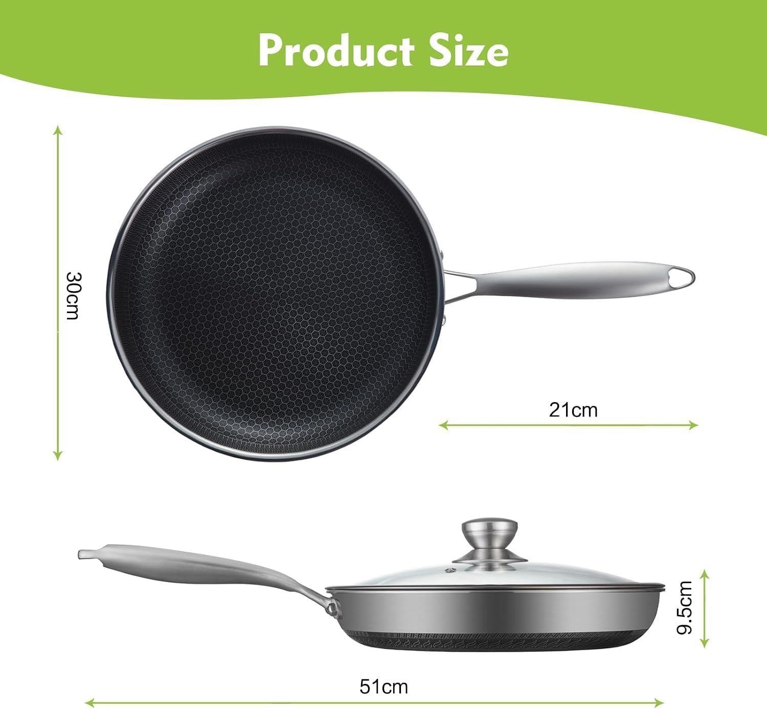 Non Stick Frying Pans, Hybrid 12 Inch/30Cm Frying Pans Nonstick with Lid, Stainless Steel Skillets Chef Cookware, PFOA Free, Works on Induction,Ceramic,Gas Cooktops and Ovens image number 1