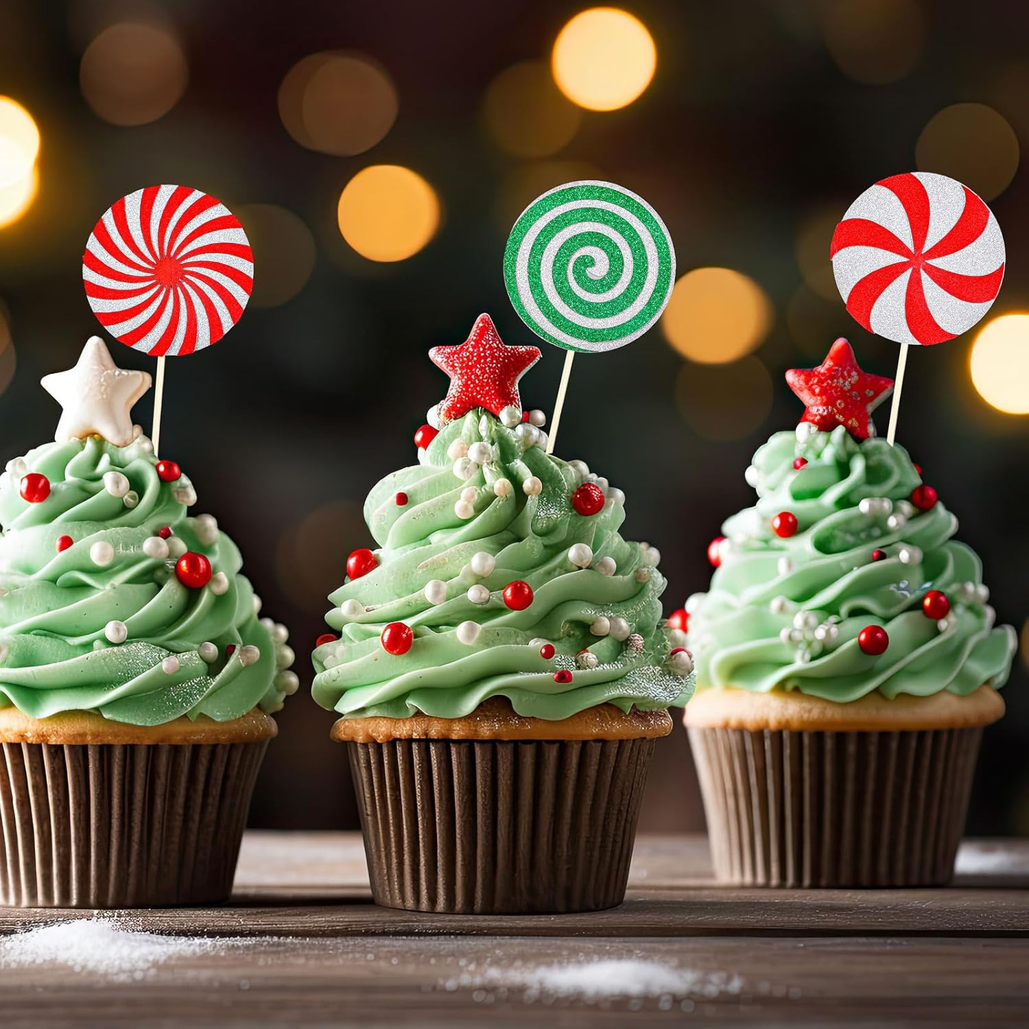 Whaline 24Pcs Christmas Cupcake Toppers Red Green Glitter Xmas Peppermint Candy Cupcake Picks for Xmas Holiday New Year Gathering Celebration Birthday Party Cake Decoration Supplies, 8 Styles image number 4