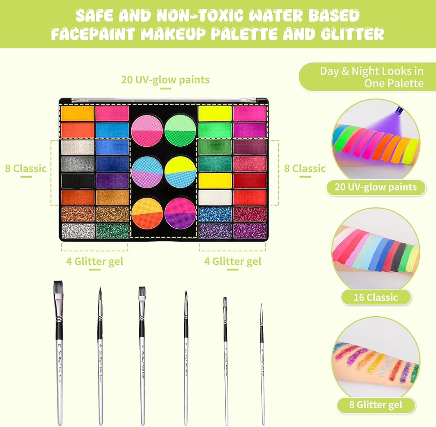 44 Color Face Paint Kit - Non-Toxic Water Based Palette with Stencils, Brushes,Glitter & Gems,Perfect for Halloween,Carnival,Parties & Festive Makeup Art image number 6