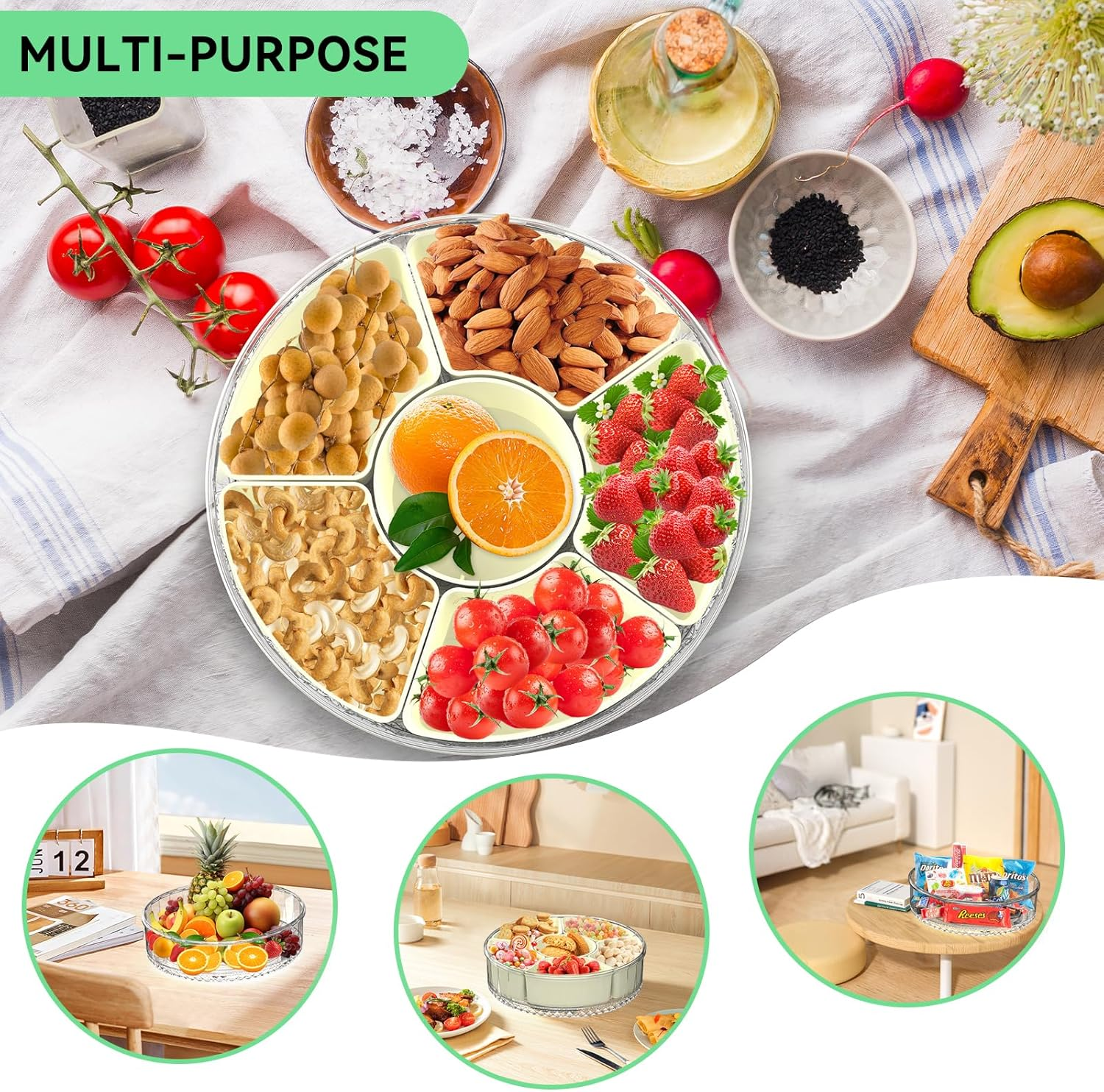 Giecy Snack Box with Airtight Lid & Handle - Divided Serving Tray Rotatable Snack Container for Home Kitchen Outdoor Travel Foods, Fruits, Candies, Nuts, Spices - 6 Compartments image number 1