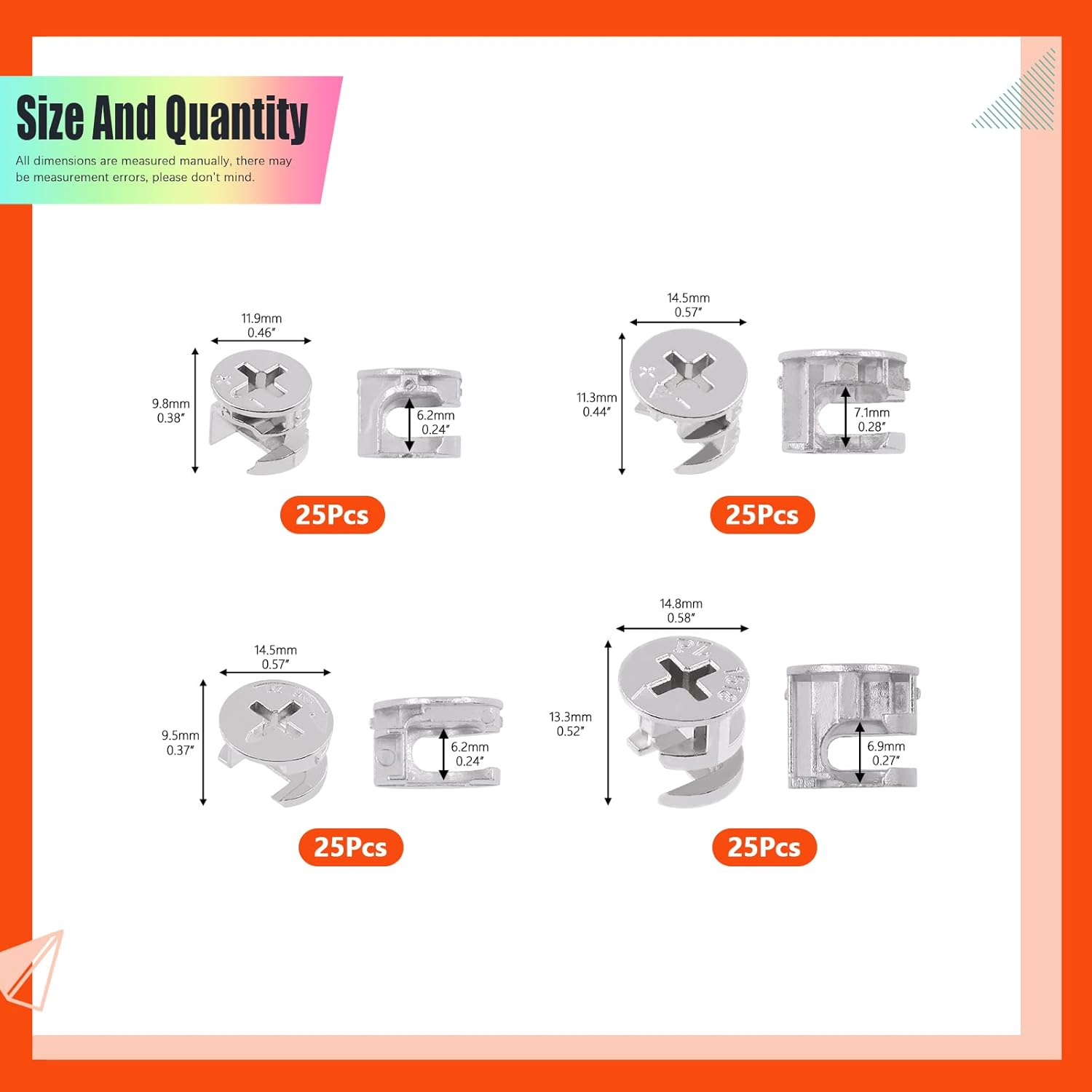 Tanstic 100Pcs 4 Sizes Furniture Connecting Cam Lock Fittings, Fastener Cabinet Connectors Hardware Bolts Lock Nut image number 4
