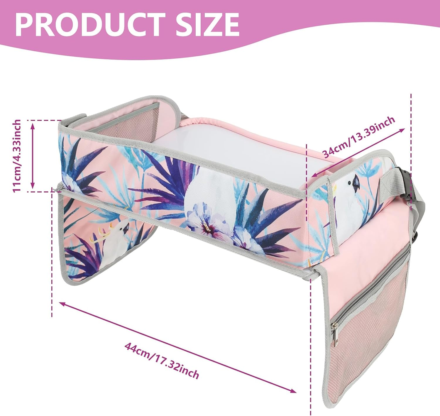 Fwqofvk Car Seat Tray, Kids Travel Tray for Car, Easy to Install Car Seat Table Tray, Portable Car Lap Tray with Adjustable Shoulder Strap and Pocket for Kids Road Trip Activities (Pink) image number 3