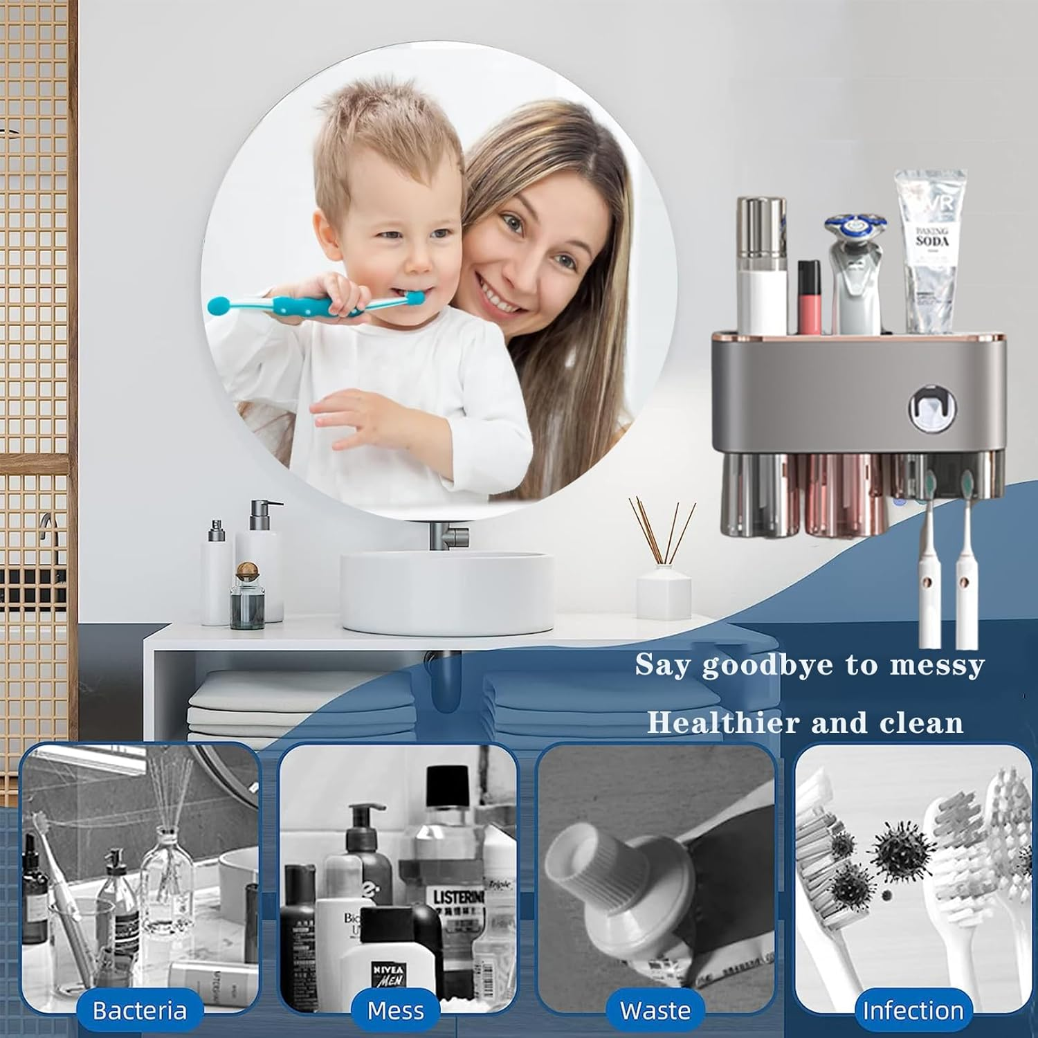 Hushmow Toothbrush Holder Wall Mounted, Toothbrush Holder for Bathroom with Automatic Toothpaste Dispensers,4 Toothbrush Slots,2 Cups and 1 Large Storage Tray - Brushed Gery image number 6