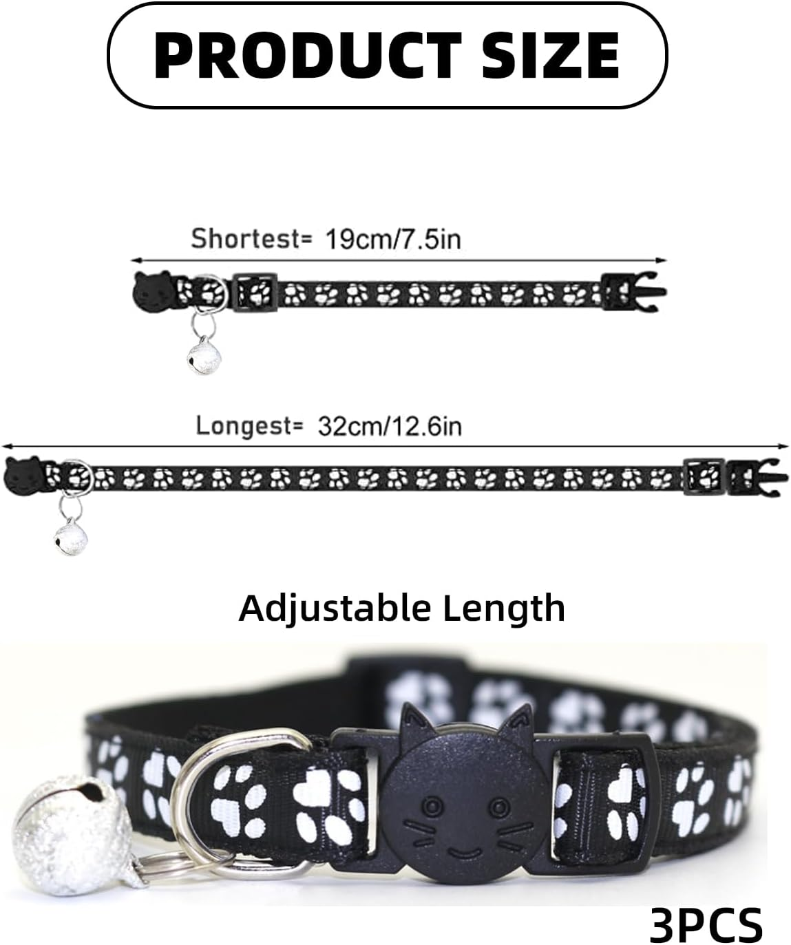 KGDUYC 3 Pieces Reflective Cat Collar with Safety Clasp and Bell, Adjustable Collar Cat Kitten Cat Collars Quick Release Reflective Kitten Collar, 19-32 Cm, Black image number 4