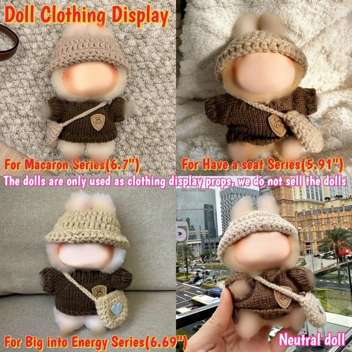 3-Piece Handcrafted Crochet Doll Clothes - Compatible with Labubu 5.91-6.7Inch (15-17Cm) Dolls as Accessories, Premium Dolls Outfit with Accessories, Hand Crocheted Hat, Sweaters, Bag image number 1