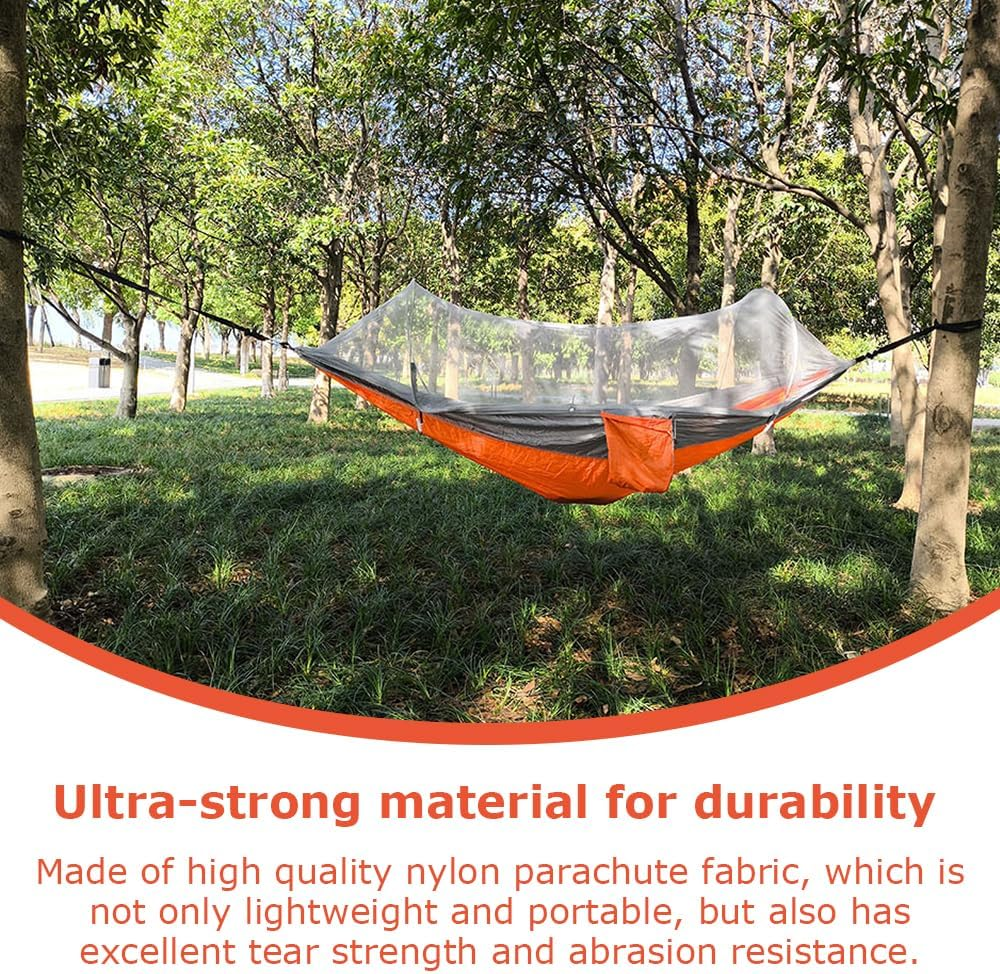 Travel Camping Hammock with Mosquito Net, Outdoor Double Hammock, Automatically Expand Portable Hammocks, Camping Gear for Hiking Beach Backpack Travel, Grey & Orange image number 3