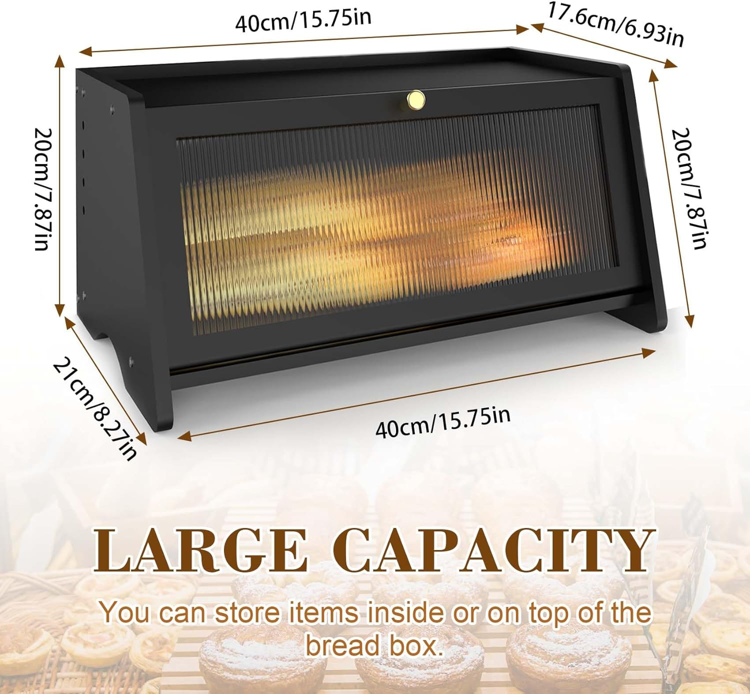 Black Bread Box for Kitchen Countertop, Bamboo Bread Storage Container with Acrylic Frosted Window, Large Farmhouse Breadbox for Homemade Bread Fruits & Spices image number 1