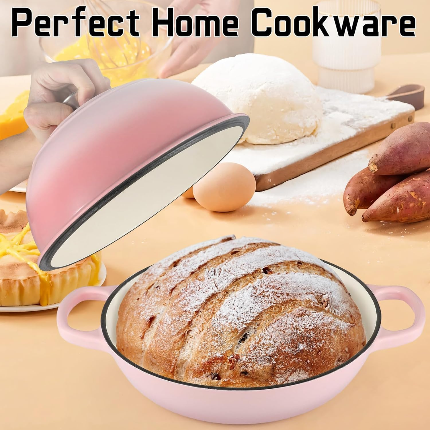 Enameled Cast Iron Bread Oven, 26Cm Bread Dutch Oven for Sourdough Bread Baking, 6 Quarts Bread Pan with Dome Lid, Non-Stick Cookware for Homemade Bread, Pink