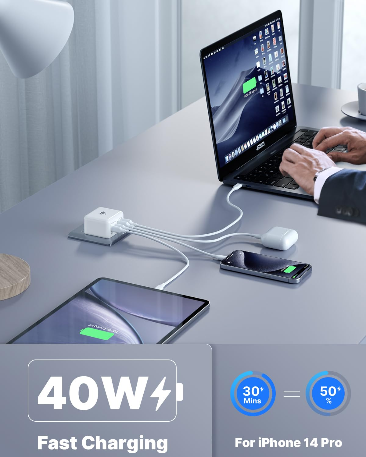 Aioneus USB C Charger, 40W USB C Plug 4-Port USB Charger Plug with Dual PD Type C and QC3.0 USB-A Fast Charging Port Multi Wall Charger Power Adapter AU Plug for Iphone 15, Ipad, Samsung, Lapto image number 3