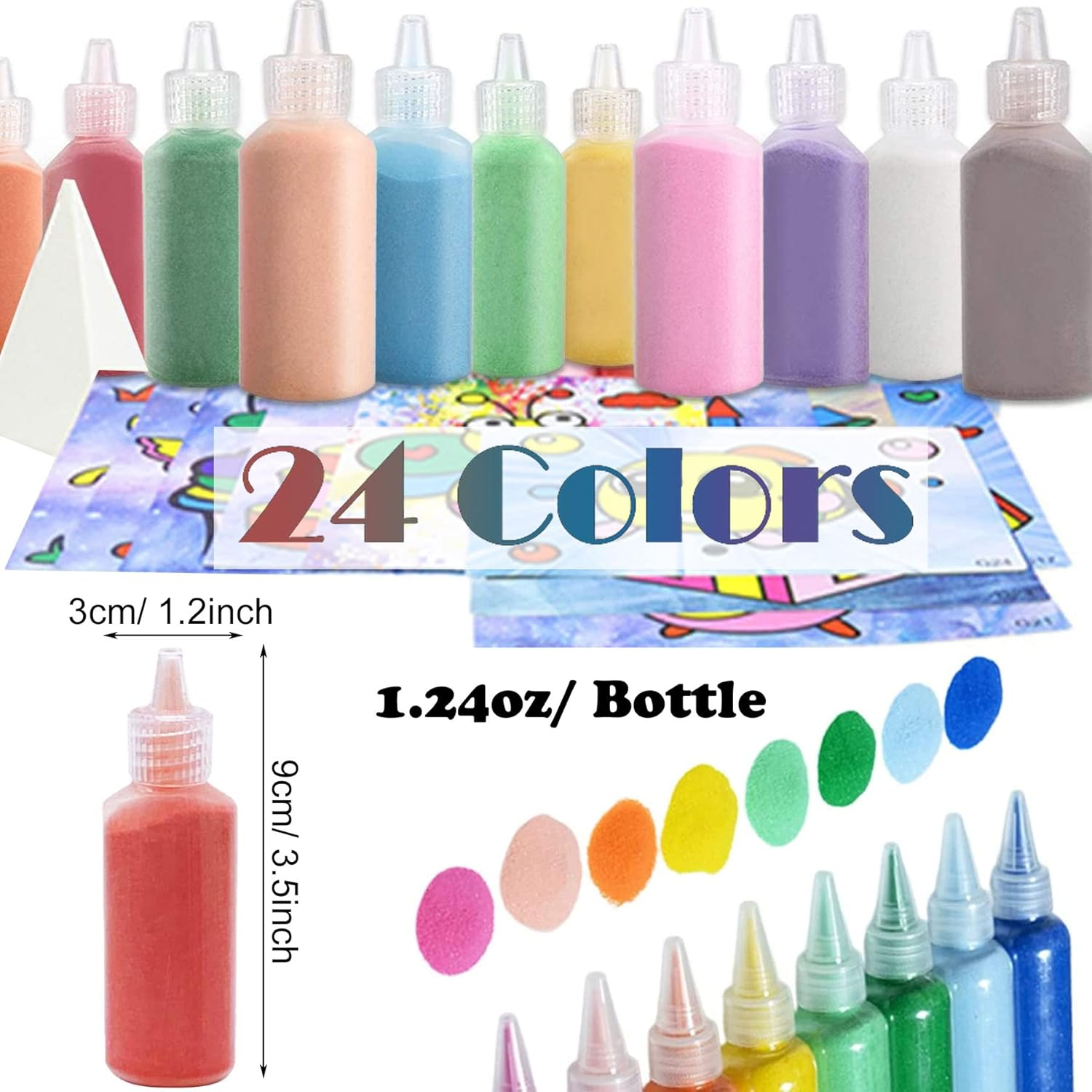 Yayatty Art Sand Kit, 24 Color Sand Art Bottles, Colored Sand Bottles, Sand Arts and Crafts Kit for Painting and Crafts, DIY Drawing, Decor and Collection Sand Bottles (24 Multicolour)