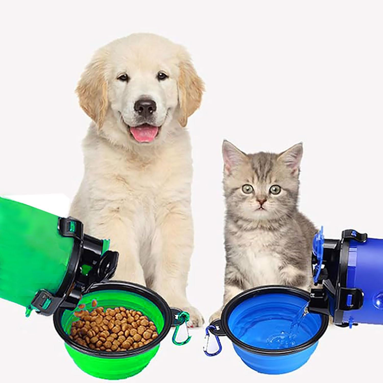 Yqkangzhu 2 Pcs Collapsible Pet Bowl, Silicone Dog Travel Bowls, BPA Free Portable Pet Feeding and Water Bowl, Foldable Cat Food Dishes with Carabiner Clip for Hiking, Walking, Outdoor Activities