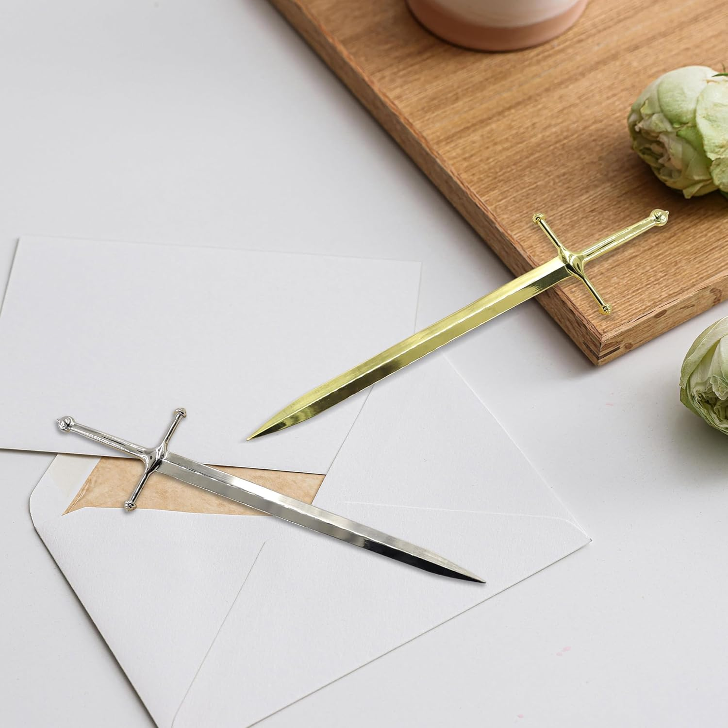 2 PCS Mini Sword Letter Opener Knife, Decorative Metal Envelope Opener Slitter, Exquisite Mail Opener Tool, Letter Opener Fancy for Office Mail Supplies (2 Pcs) image number 2