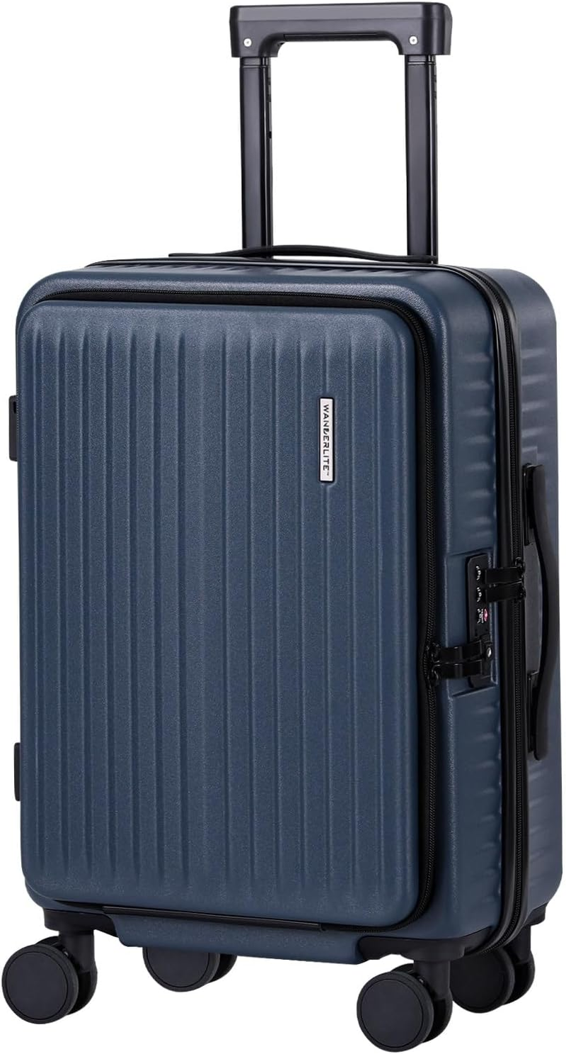 Wanderlite 20'' Luggage, Suitcase with Front Pocket & Dual TSA Locks, Carry on Luggage with Phone Holder & Hook, Lightweight Hardshell, Airline Approved, Navy