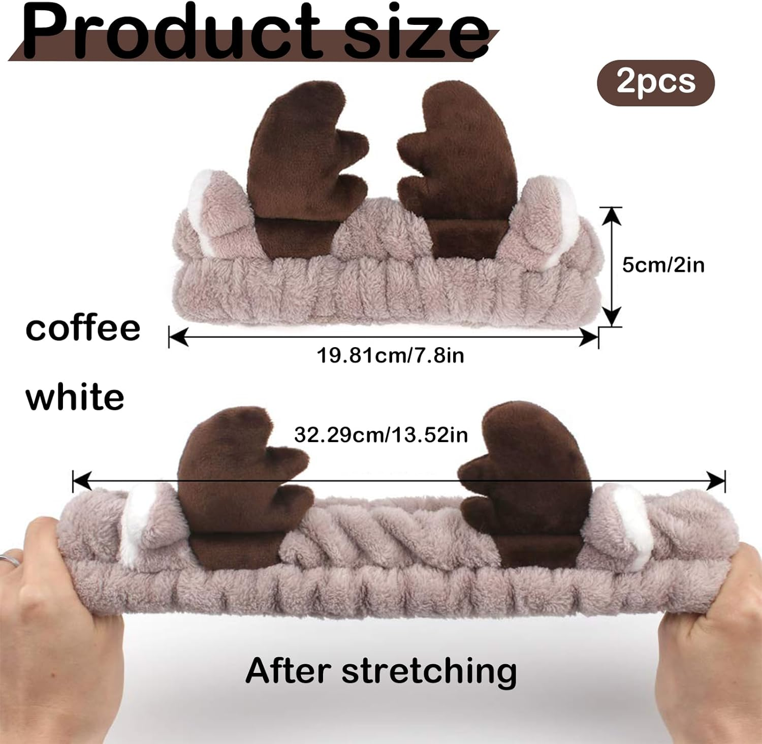 Pack of 2 Hair Bands, Cosmetics, Coral Fleece Makeup Hair Bands, Elastic, Cosmetic Headband, Wide Brim, Coral Fleece, Washing Face Head Wrap for Shower, Skin Care, Make-Up, Sports (White + Coffee)