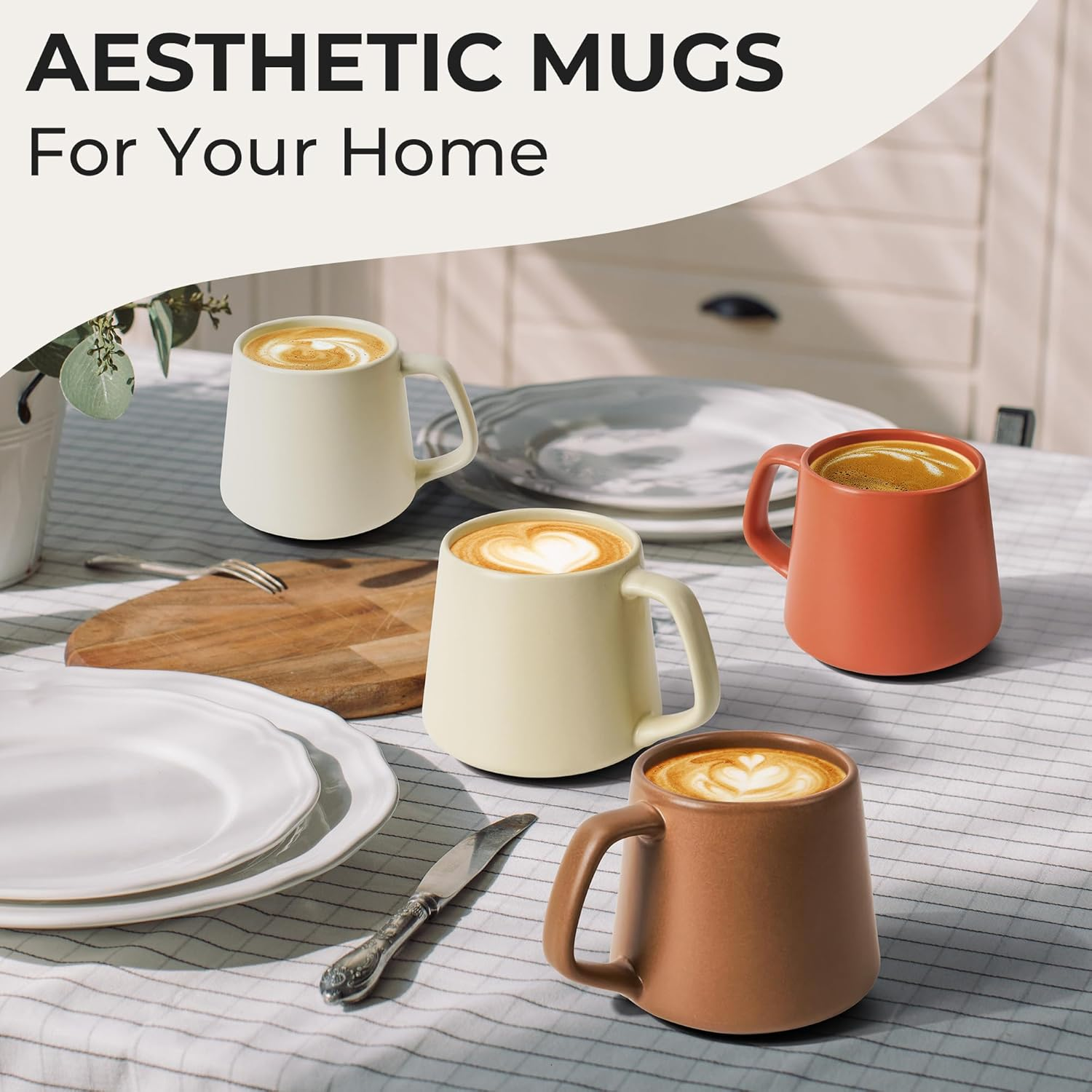 MIAMIO - Coffee Mugs Set of 4 / Large Ceramic Coffee Cups (420 Ml) - Mug for Cappuccino, Tea, Espresso - Microwave and Dishwasher Safe - Luxe Collection (Beige Pastel) image number 3
