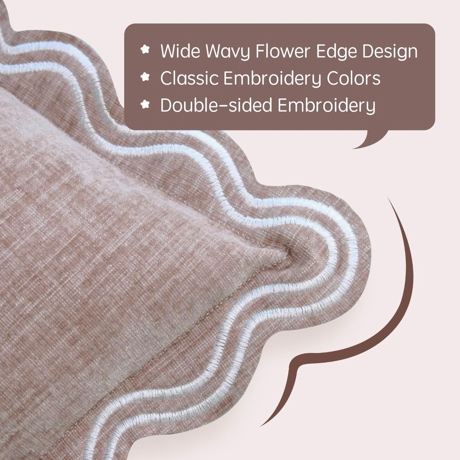 TINYSUN Scalloped Decorative Pillow Covers - Set of 2, Double-Sided Embroidered Scallop Design, Premium Chenille Cushion Covers for Living Room Sofa Couch Bed(Dusty Pink,18X18 Inch) image number 3