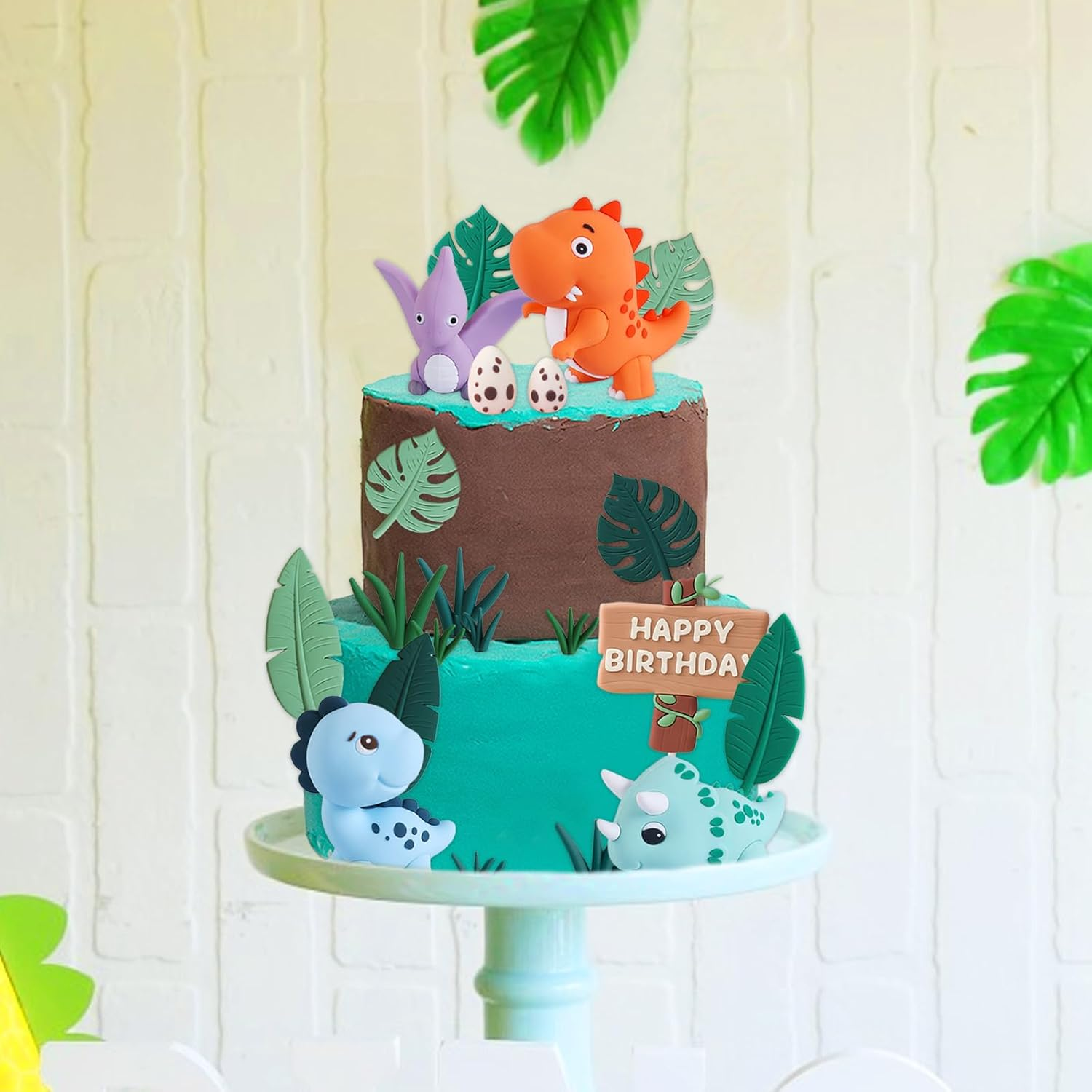 Chris.W 17 PCS Dinosaur Cake Topper Set, Dinosaur Eggs Leaves Grasses Cake Decorations with Happy Birthday Sign Cake Toppers for Birthday Party Decors, Safari Animal Themed Party Supplies image number 1