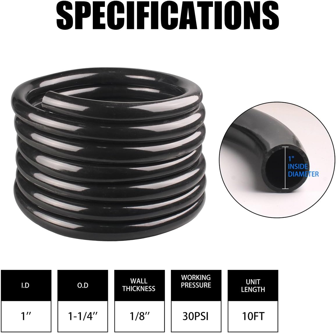 Black Vinyl Tubing 1" ID X 1-1/4" OD - 10 Ft PVC Flexible Plastic Tube Hybrid Hose with 4 Stainless Clamps, Transfer Water Air Oil for Pond Fountain Garden. image number 6