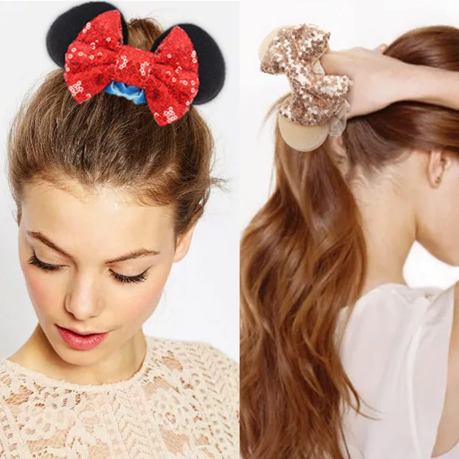 3Pcs Mouse Ear Sequins Scrunchies,Mouse Ears Hair Scrunchies Velvet Sparkle Sequin Hair Ties Elastic Hair Bands Ropes Ponytail Holder Bow,Mouse Ears Velvet Scrunchies Bows Hair Bands Hair Ties