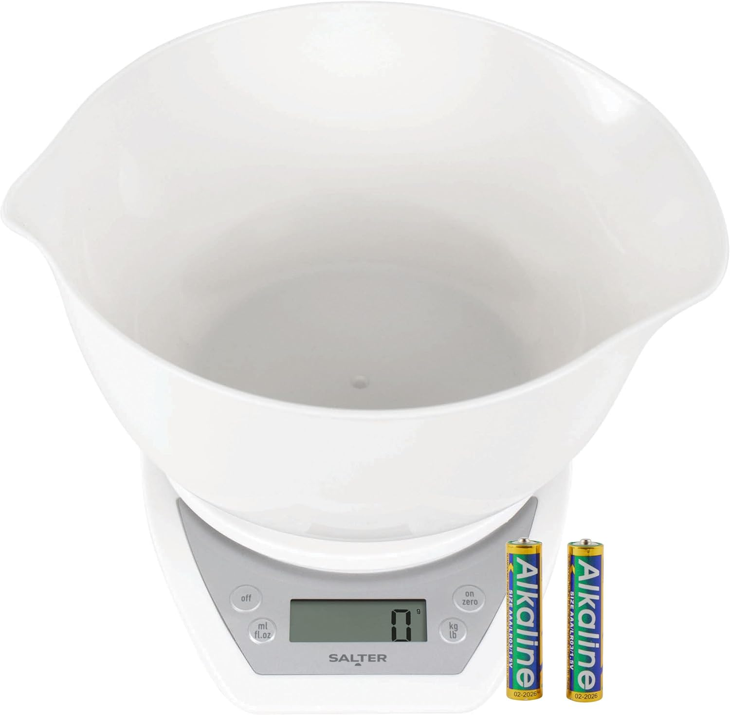 Salter 1024 WHDR14 Dual Pour Digital Kitchen Scale - Includes 2L Mixing Bowl, Wide & Narrow Pouring Spouts for Wet & Dry Ingredients, Measure Liquids, Add & Weigh, Easy Read LCD Display, 5Kg Capacity