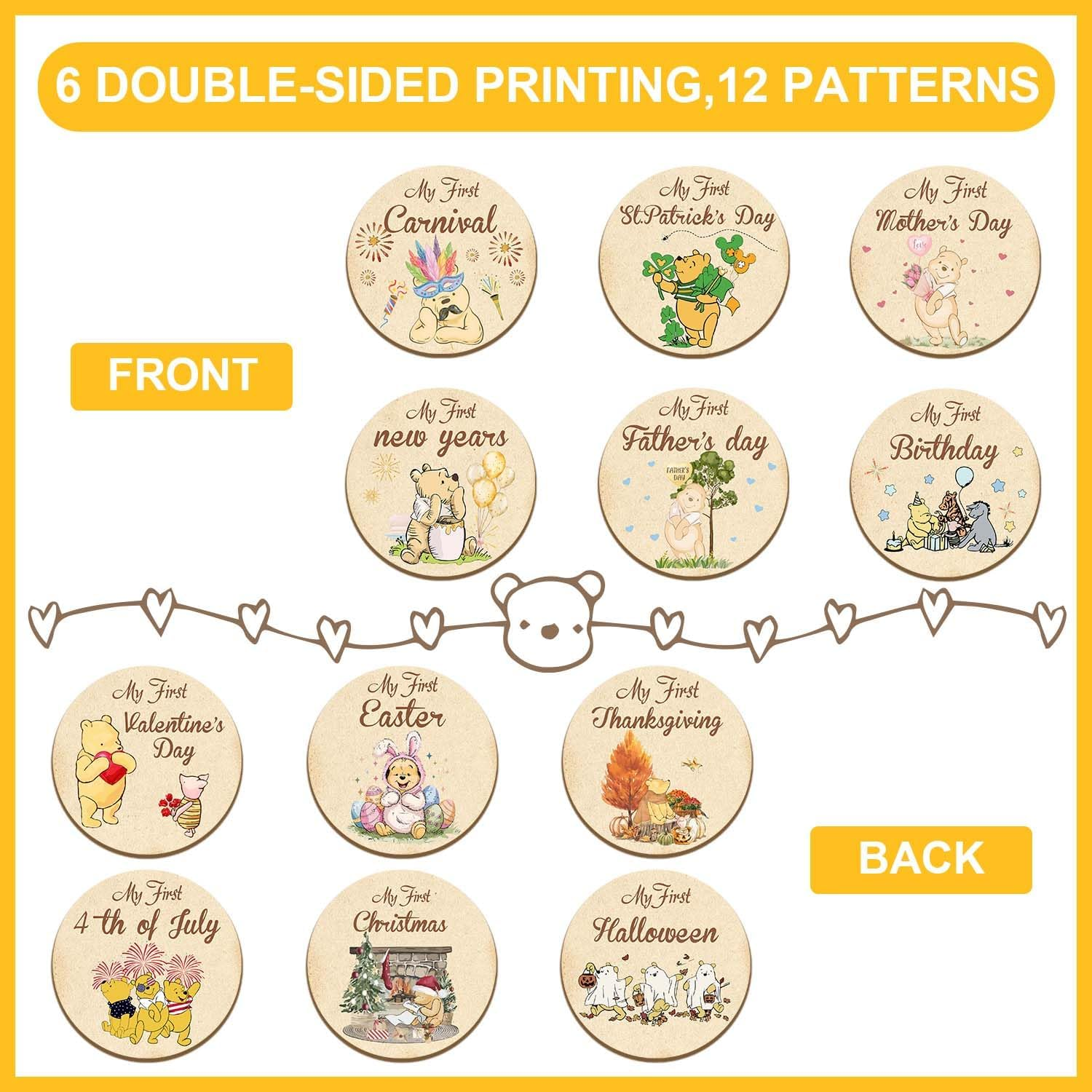Alodr Winnie 6PCS My First Holiday Milestone Signs, Winnie My First Holiday Baby Milestone Wooden Double, the Pooh Deck Wooden Discs Announcement Sign,Winnie Gifts image number 3