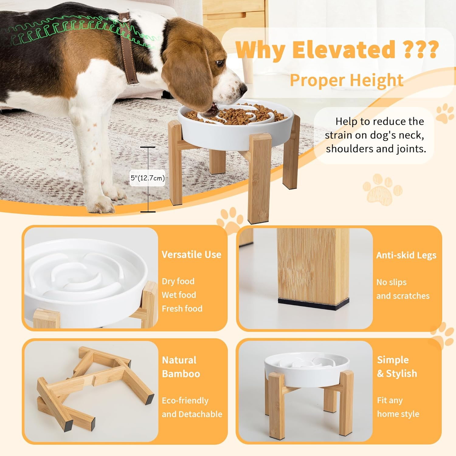 Elevated Slow Feeder Dog Bowl - Ceramic Food Dish with Bamboo Stand - Raised Maze Design - Ideal for Medium to Large Dogs - White - 8.8 Inch image number 7