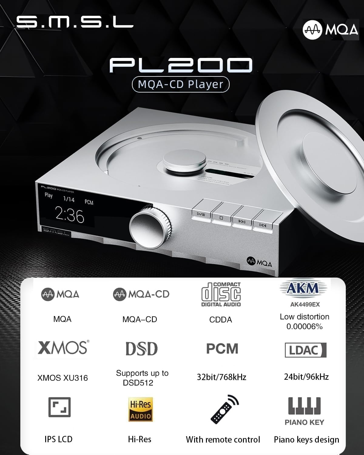 SMSL PL200 MQA CD Player DAC AK4499EX Chip USB Bluetooth 5.1 Headphone Amplifier Supports 32Bit/768Khz DSD512 USB/CD Player Input Fully Balanced Decoding DAC Preamp,With Remote Control (Silver) image number 1