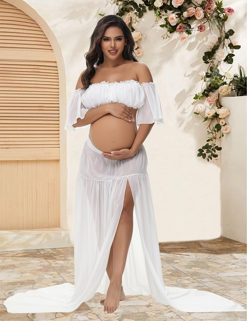 Justvh Maternity 2 Piece Outfits Dress Chiffon Tube Top Ruffle Sleeves Split Skirt for Photoshoot Baby Shower image number 1