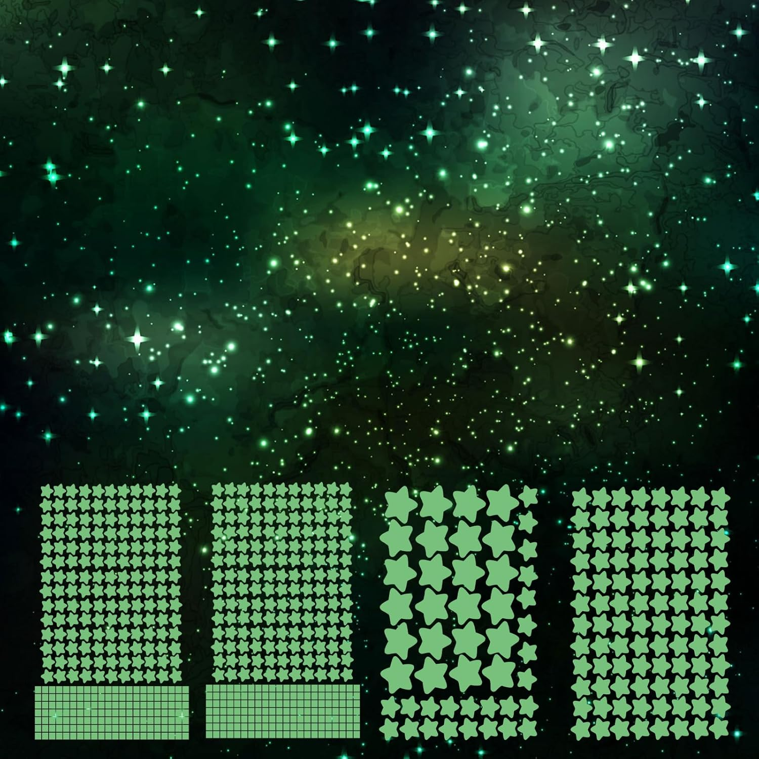 Aooyaoo Glow in the Dark Stars Wall Stickers, 3D Glowing Stars for Ceiling and Wall Decals, Perfect for Kids Bedding Room or Party Birthday Gift (606Pcs, Green) image number 6