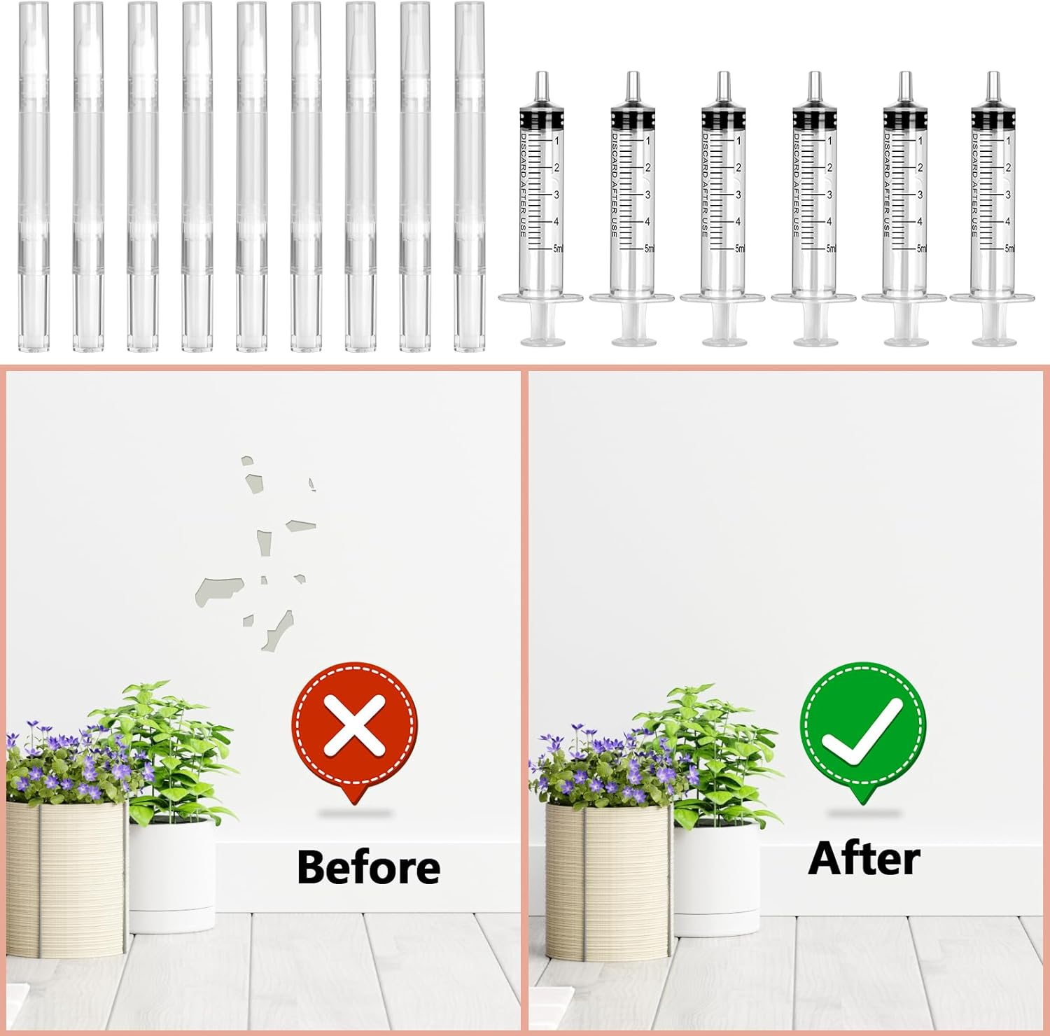 Pack of 15 Refillable Touch up Pens, Drywall Repair Kit, Refillable Brush Pens, Empty Paint Pen Marker, Transparent Wall Paint Touch up Pen, Empty Rotary Pen with Syringe image number 1